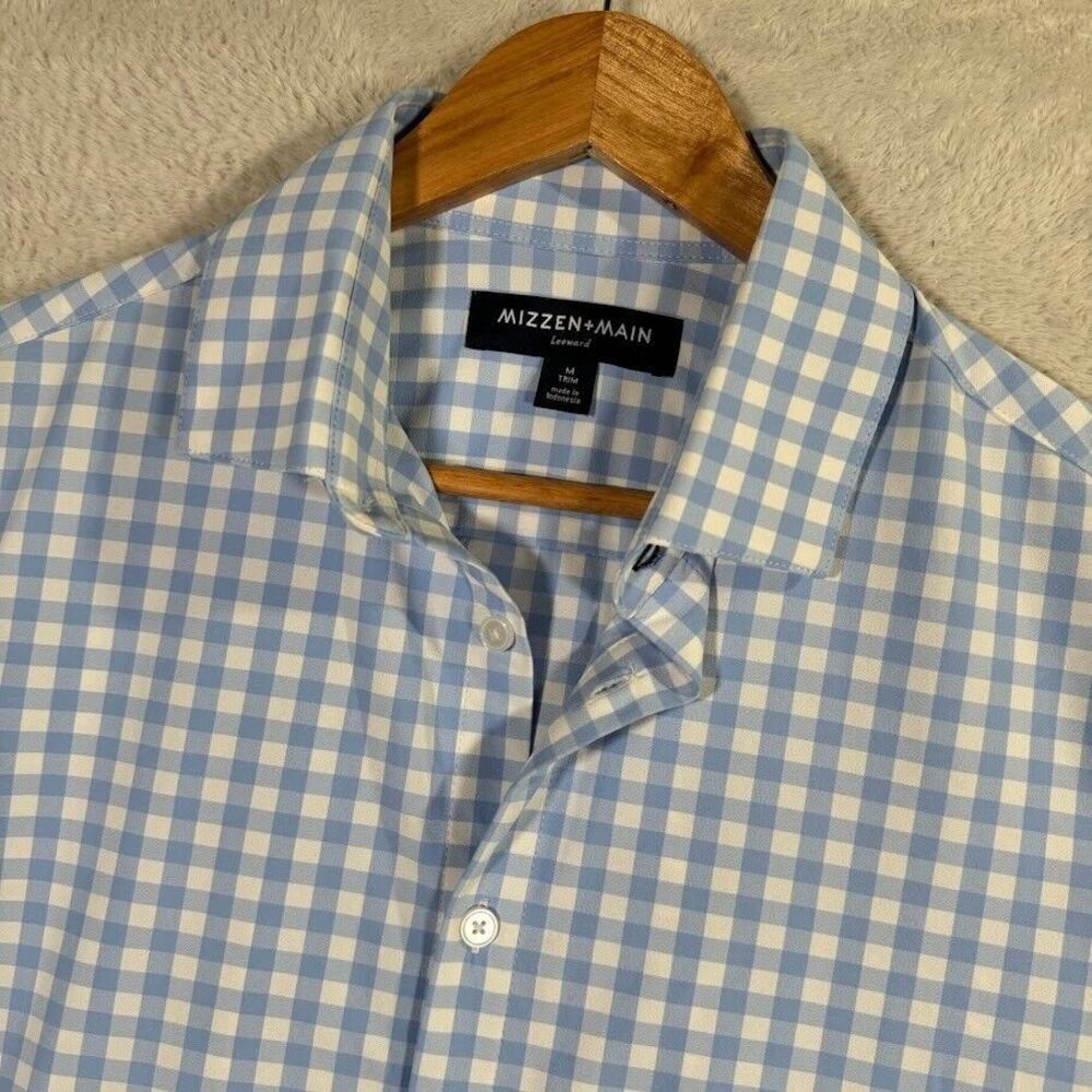 Mizzen & Main Leeward Mens M Trim Fit LS Button Up Stretch Blue Gingham Check